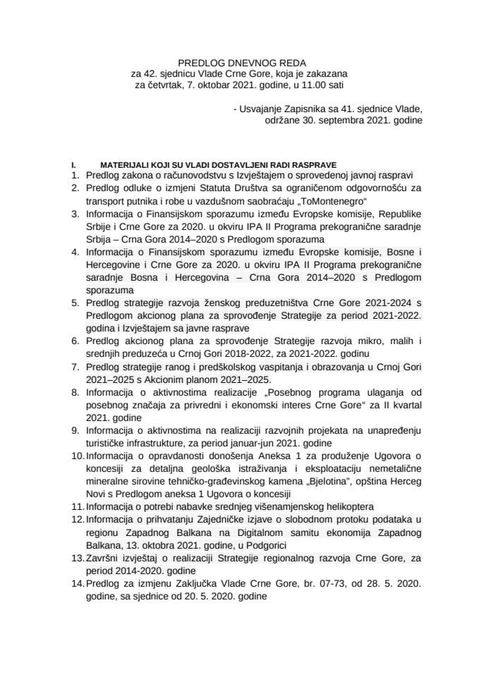 Predlog dnevnog reda za 42. sjednicu Vlade Crne Gore