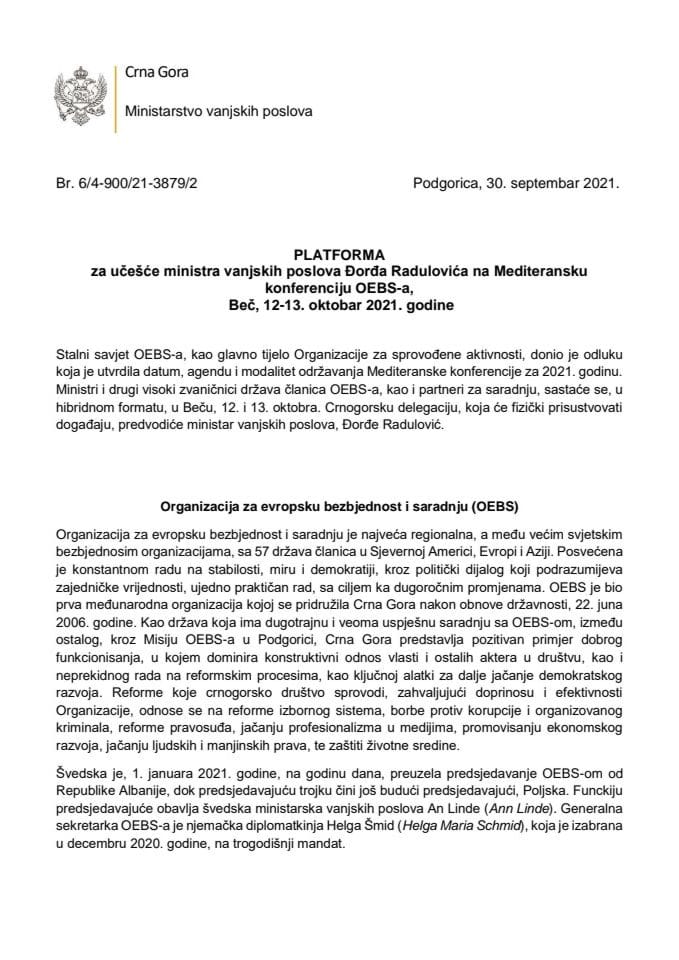 Предлог платформе за учешће Ђорђа Радуловића, министра вањских послова, на Медитеранској конференцији ОЕБС-а, Беч, 12. и 13. октобар 2021. године