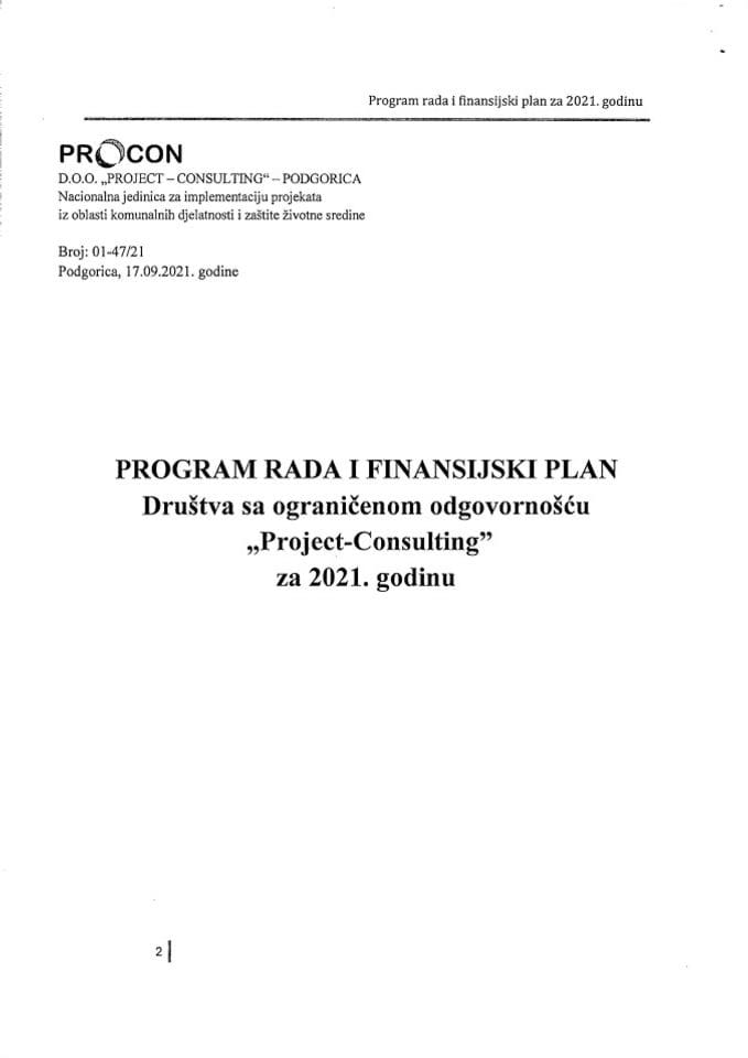 Predlog programa rada i Finansijskog plana Društva sa ograničenom odgovornošću „Project - Consulting“ Podgorica, za 2021. godinu