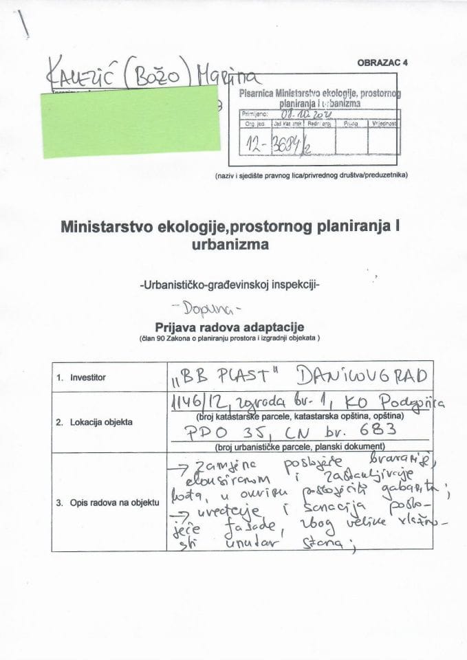 Prijava radova adaptacije - 12-3684-2 BB PLAST DANILOVGRAD