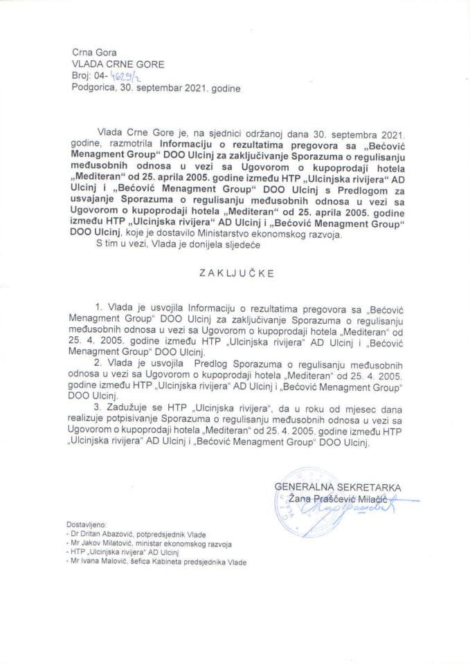 Informacija o rezultatima pregovora sa "Bećović Menagment Group" DOO Ulcinj za zaključivanje Sporazuma o regulisanju međusobnih odnosa u vezi sa Ugovorom o kupoprodaji hotela "Mediteran" - zaključci