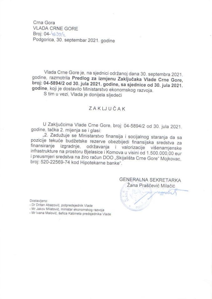 Predlog za izmjenu Zaključka Vlade Crne Gore, broj 04-5894/2 od 30. jula 2021. godine, sa sjednice od 30. jula 2021. godine - zaključci