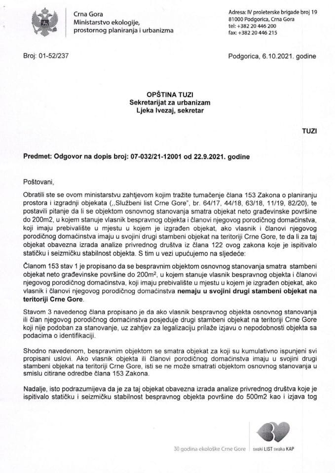 Mišljenje - tumačenje Zakona o održavanju stambenih zgrada - 01-52/237 - Opština Tuzi