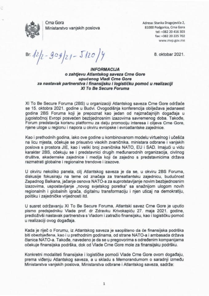 Информација о захтјеву Атлантског савеза Црне Горе упућеног Влади Црне Горе за наставак партнерства и финансијску и логистичку помоћ у реализацији XI To Be Secure Форума