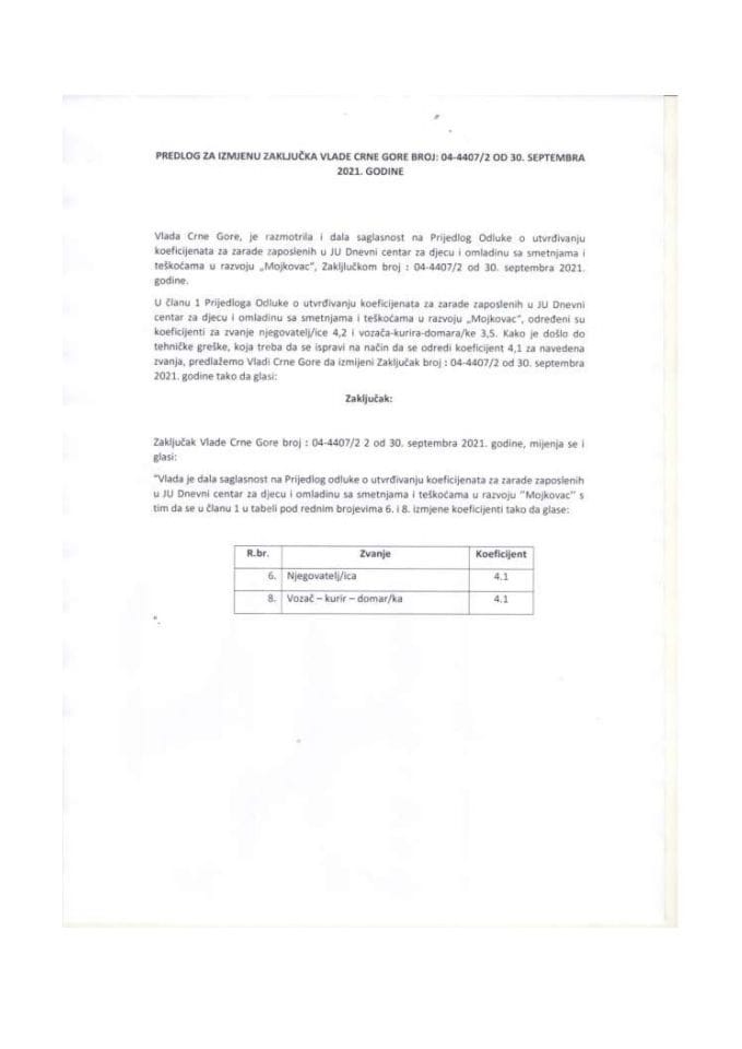 Предлог за измјену Закључка Владе Црне Горе, број: 04-4407/2, од 30. септембра 2021. године, са сједнице од 23. септембра 2021. године (без расправе)