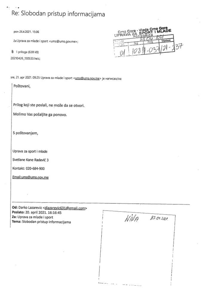 Zahtjev za slobodan pristup informacijama  Darko Lazarevič br. 10811-03721237