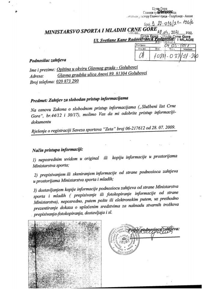 Zahtjev za slobodan pristup informacijama Savez sportova Zeta Rjesenje 10811-03721-240