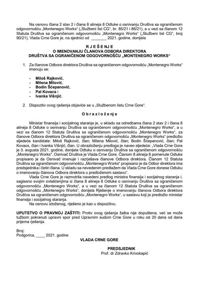 Predlog za imenovanje članova Odbora direktora Društva sa ograničenom odgovornošću "Montenegro Works"