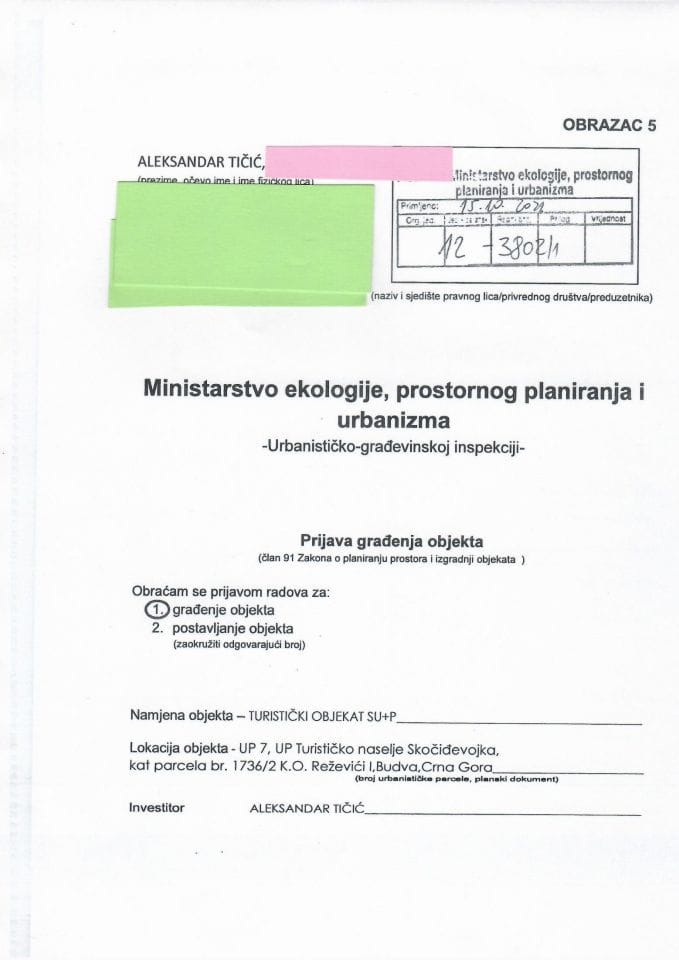 Prijava građenja objekta - 12-3802-1 ALEKSANDAR TIČIĆ