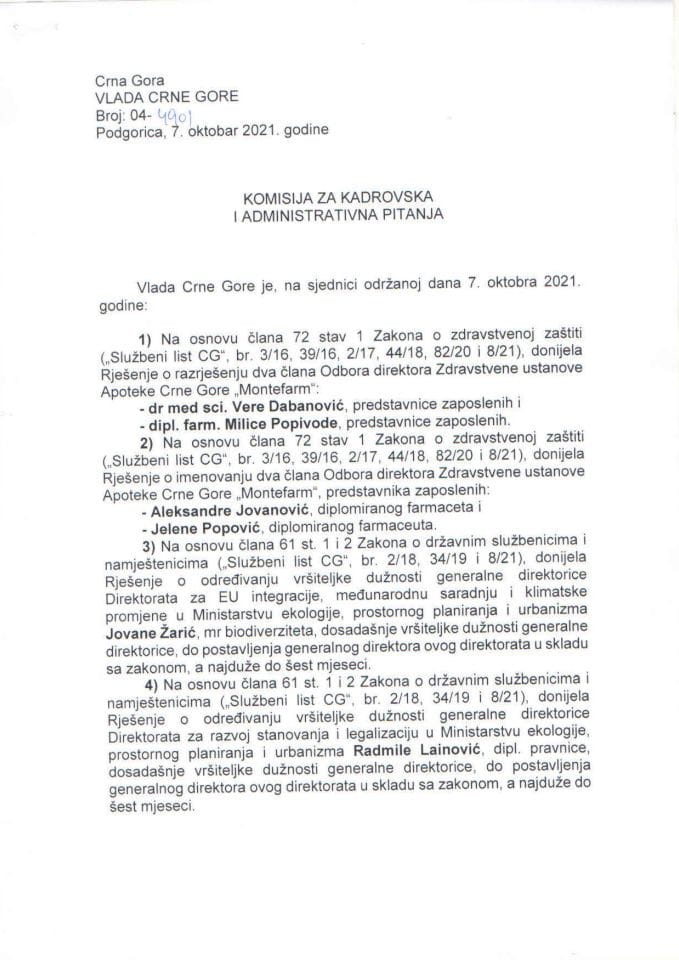 Kadrovska pitanja sa 42. sjednice Vlade Crne Gore - zaključci