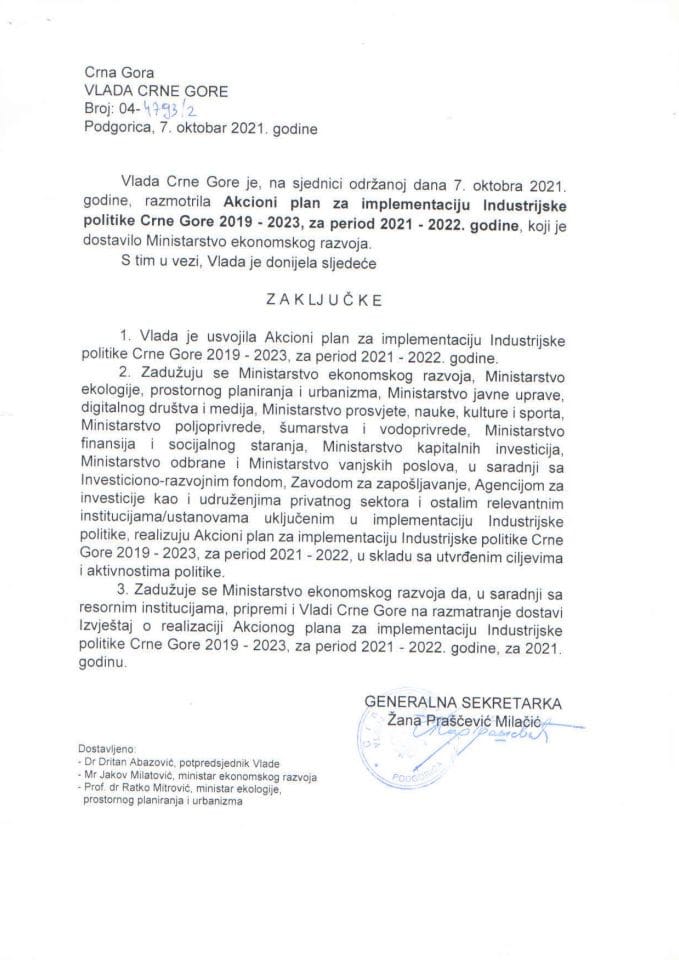 Предлог акционог плана за имплементацију Индустријске политике Црне Горе 2019-2023, за период 2021-2022. године - закључци