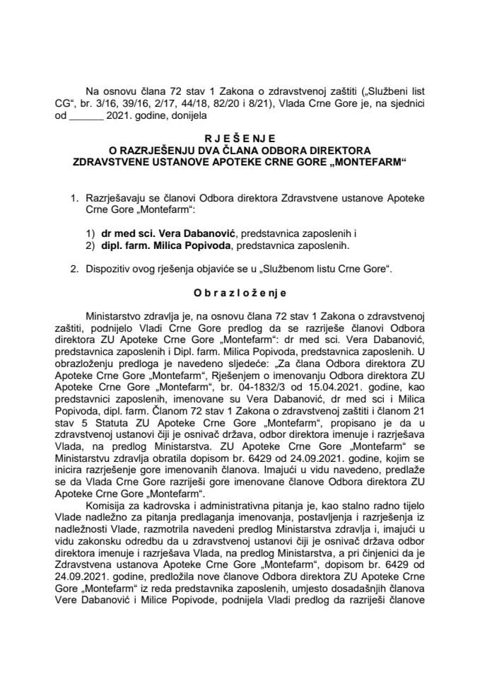 Predlog za razrješenje dva člana Odbora direktora ZU Apoteke Crne Gore “Montefarm”