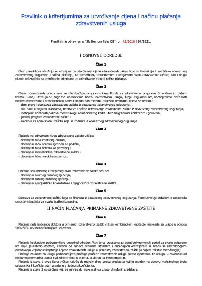 Pravilnik o kriterijumima za utvrđivanje cijena i načinu plaćanja zdravstvenih usluga