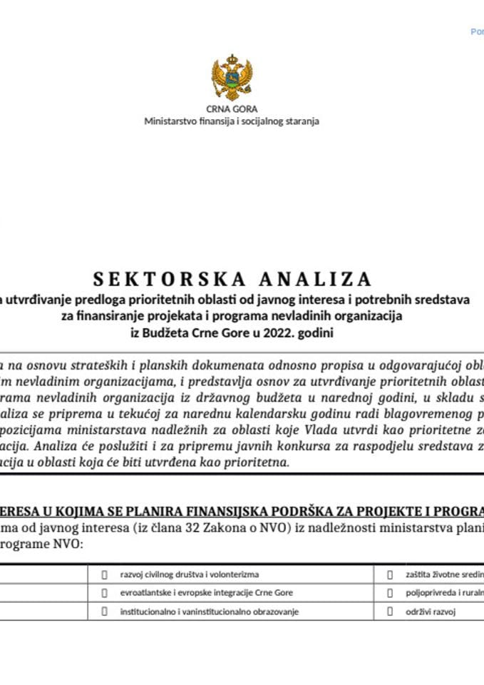 Sektorska analiza za utvrđivanje predloga prioritetnih oblasti od javnog interesa i potrebnih sredstava  za finansiranje projekata i programa nevladinih organizacija iz Budžeta Crne Gore u 2022. godini
