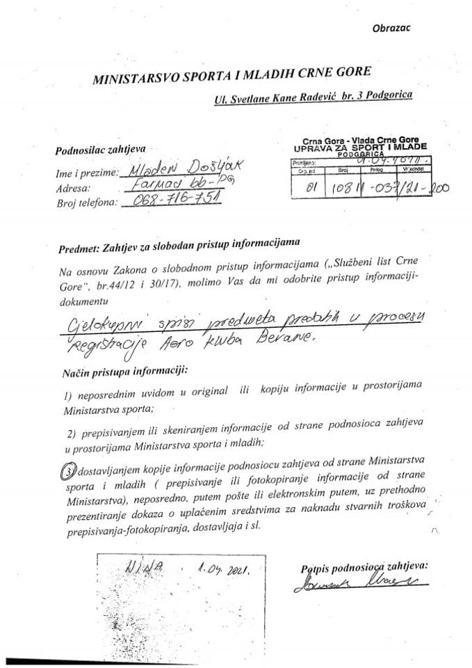 SPI  za Aero klub Berane