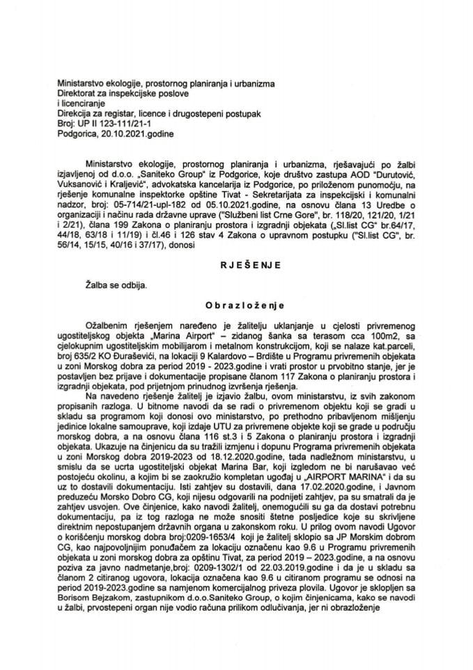 Drugostepeni postupak - UPII 123-111-21 DOO SANITEKO GROUP