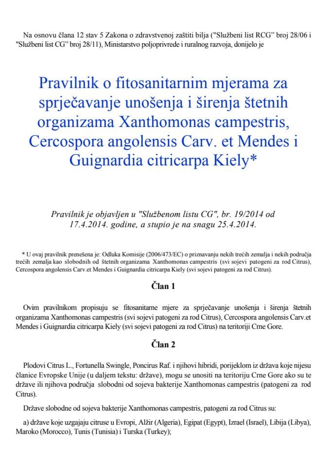 Pravilnik Xanthomonas campestris, Cercospora angolensis Carv. et Mendes i Guignardia citricarpa Kiely 19 2014