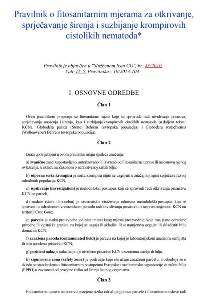 Pravilnik o fitosanitarnim mjerama za otkrivanje, sprječavanje širenja i suzbijanje krompirovih cistolikih nematoda 43 2010
