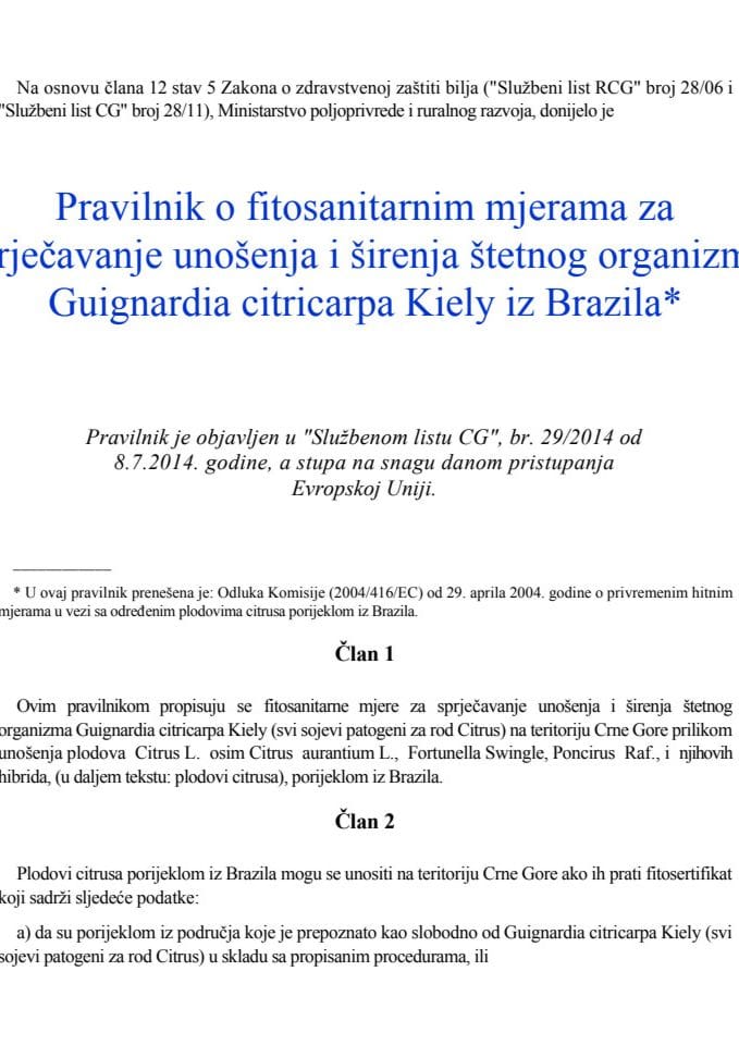 Pravilnik Guignardia citricarpa Kiely 29 2014