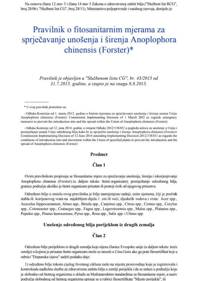 Pravilnik Anoplophora chinensis (Forster) 43 2015