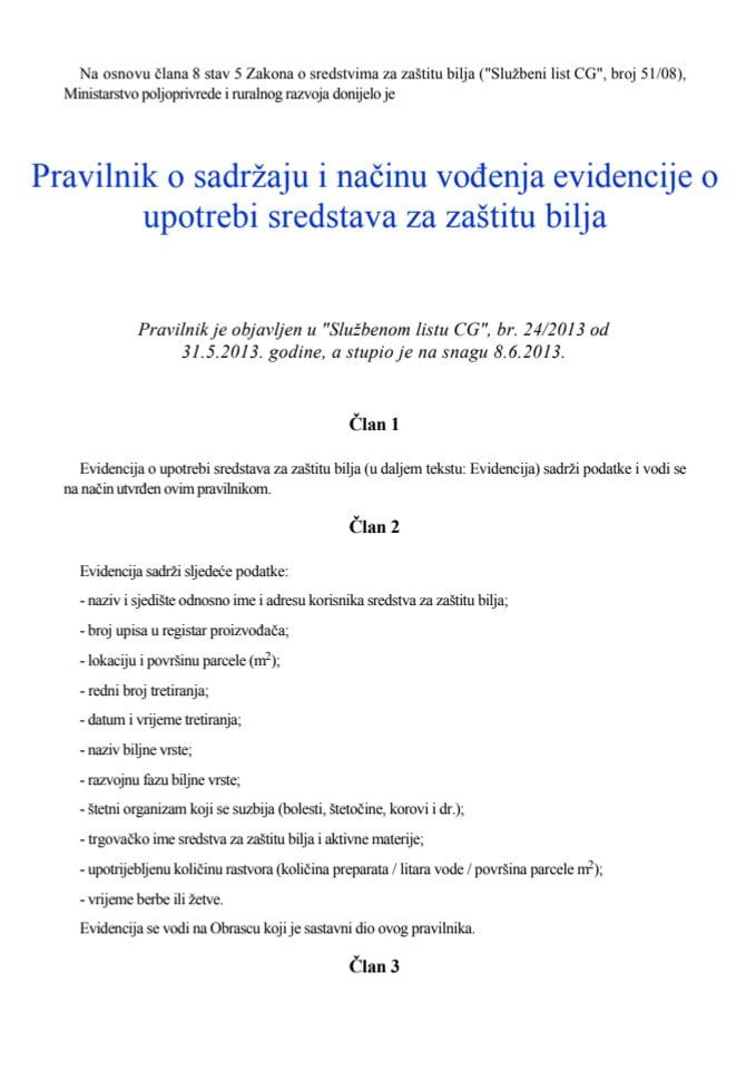 Pravilnik o sadržaju i načinu vođenja evidencije 24 2013