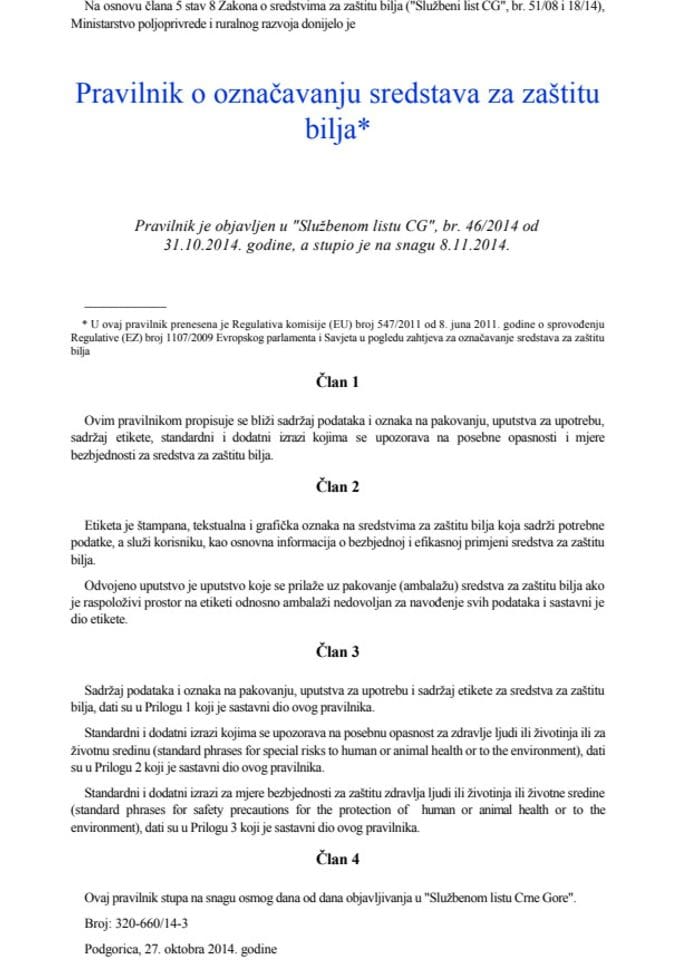 Pravilnik o označavanju sredstava za zaštitu bilja 46 2014