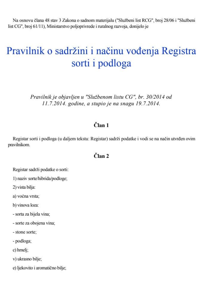 Pravilnik o sadržini i načinu vođenja Registra 30 2014