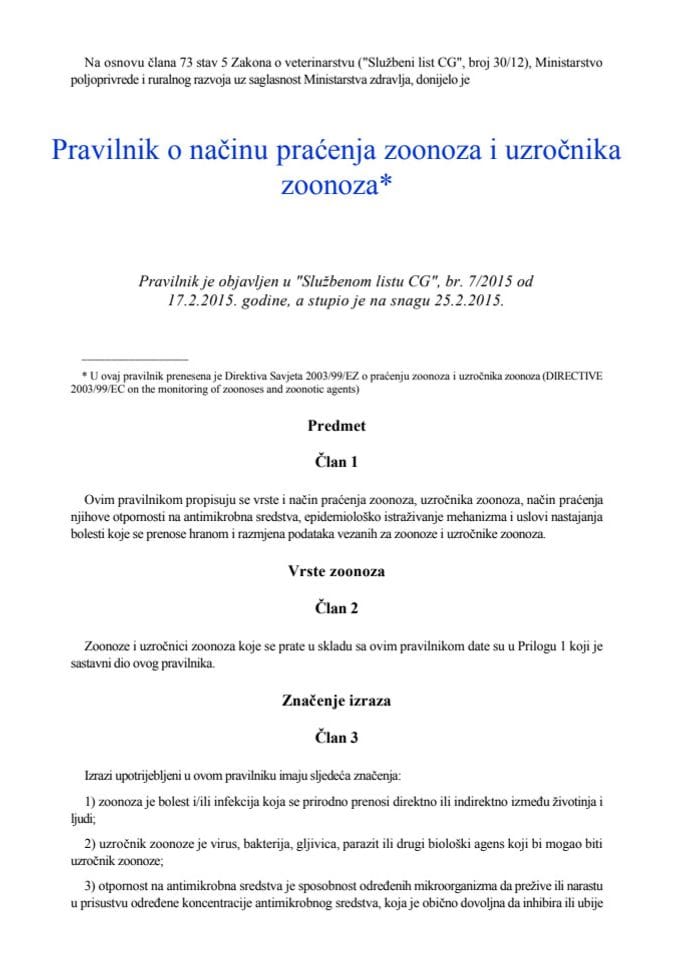 Pravilnik o načinu praćenja zoonoza i uzročnika zoonoza