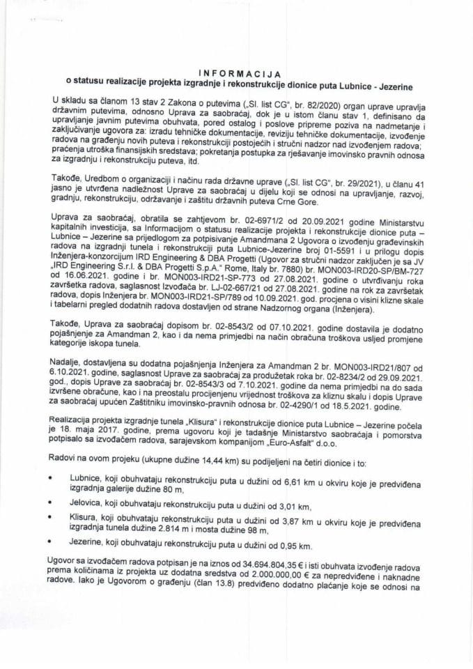 Informacija o statusu realizacije projekta izgradnje i rekonstrukcije dionice puta Lubnice-Jezerine s Predlogom amandmana br. 2 Ugovora br. 01-5591/2 od 2.12. 2016. godine