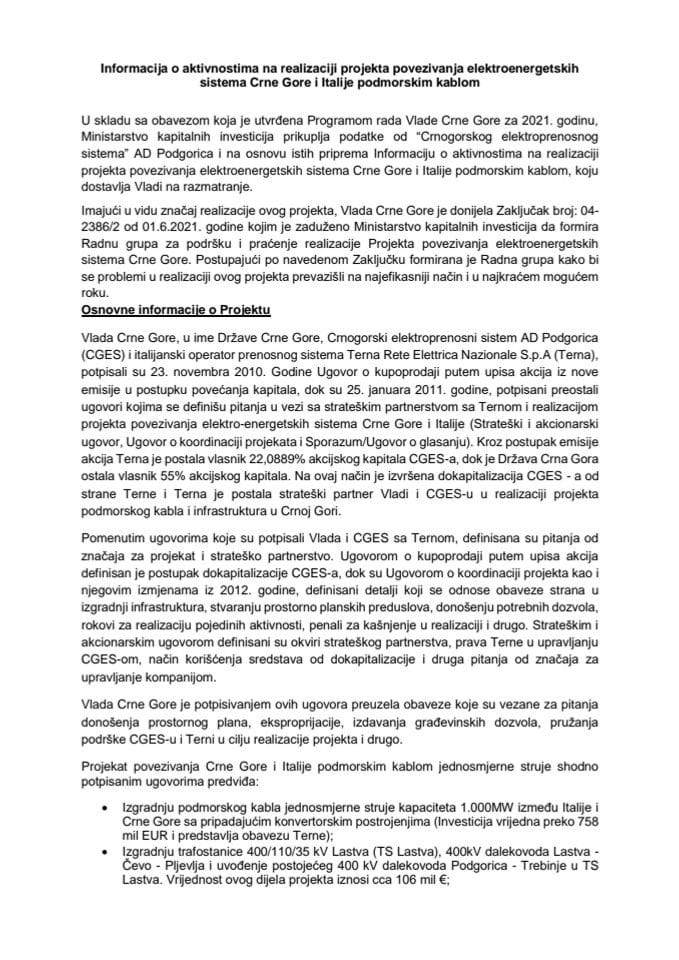 Informacija o aktivnostima na realizaciji projekta povezivanja elektroenergetskih sistema Crne Gore i Italije podmorskim kablom