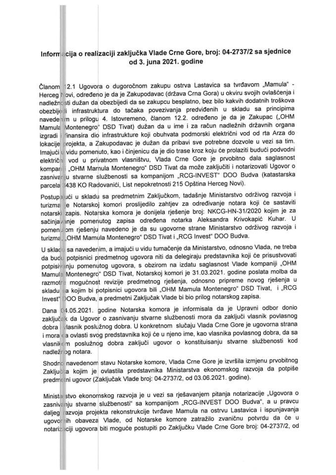 Информација о реализацији Закључка Владе Црне Горе, број: 04-2737/2, са сједнице од 3. јуна 2021. године