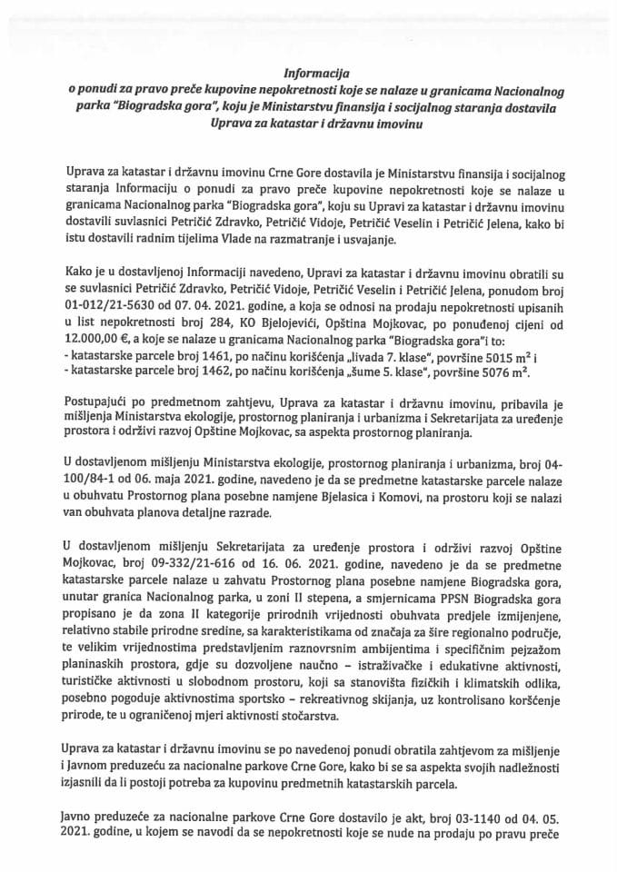 Информација о понуди за право прече куповине непокретности које се налазе у границама Националног парка „Биоградска гора“ (без расправе)
