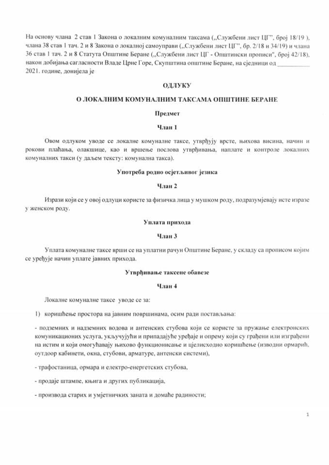 Predlog odluke o lokalnim komunalnim taksama opštine Berane (bez rasprave)