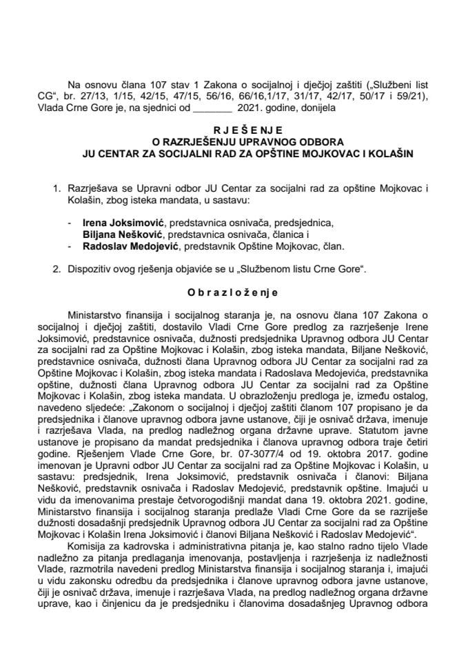 Predlog za razrješenje i imenovanje Upravnog odbora JU Centar za socijalni rad za opštine Mojkovac i Kolašin