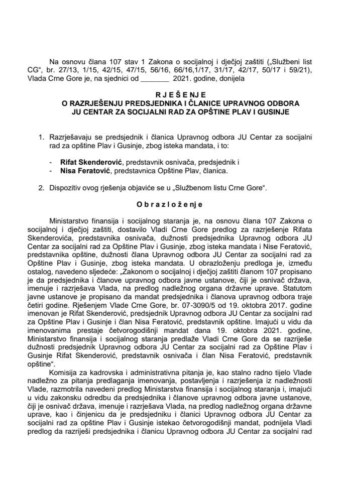 Predlog za razrješenje i imenovanje predsjednika i člana Upravnog odbora JU Centar za socijalni rad za opštine Plav i Gusinje