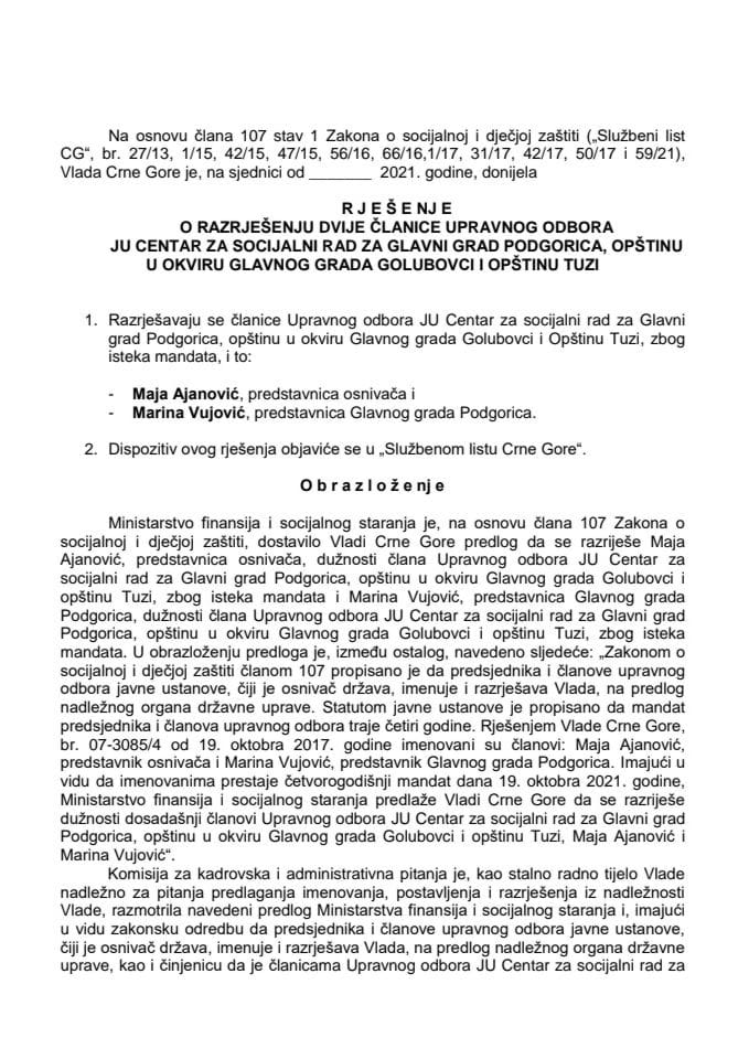 Predlog za razrješenje i imenovanje dva člana Upravnog odbora JU Centar za socijalni rad za Glavni grad Podgorica, opštinu u okviru Glavnog grada Golubovci i Opštinu Tuzi