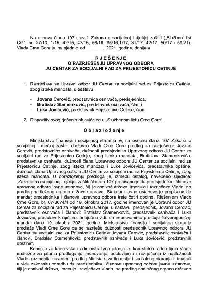 Predlog za razrješenje i imenovanje Upravnog odbora JU Centra za socijalni rad za Prijestonicu Cetinje