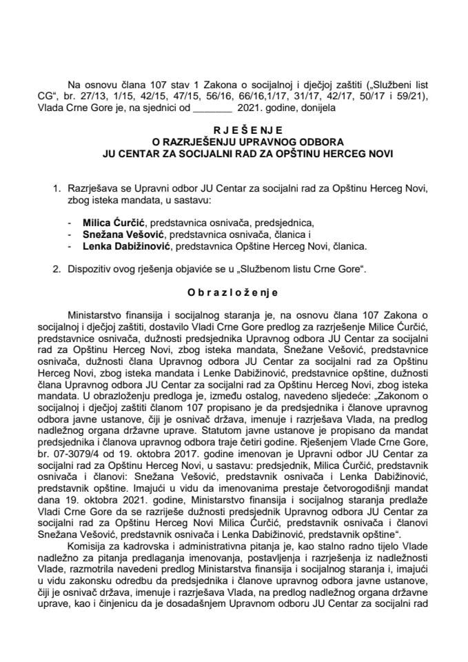 Predlog za razrješenje i imenovanje Upravnog odbora JU Centar za socijalni rad za Opštinu Herceg Novi