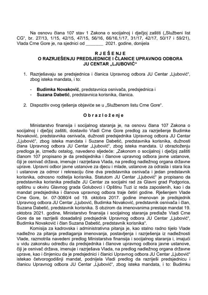 Predlog za razrješenje i imenovanje predsjednika i člana Upravnog odbora JU Centar "Ljubović"