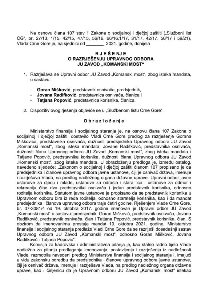 Predlog za razrješenje i imenovanje Upravnog odbora JU Zavod "Komanski most"