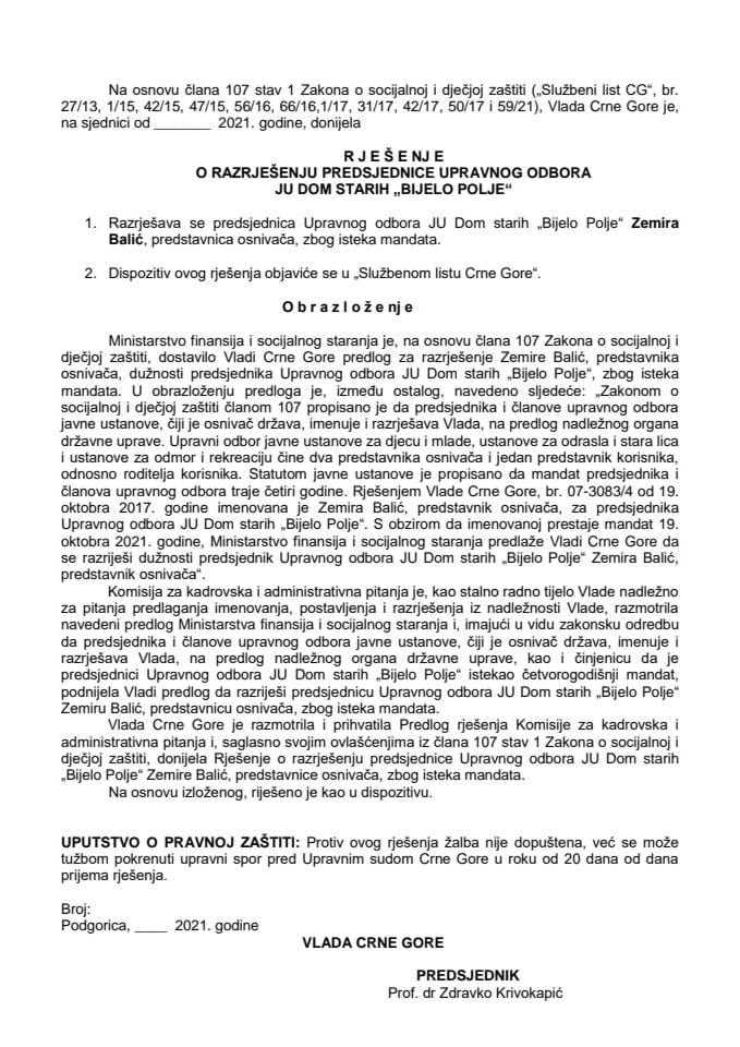 Predlog za razrješenje i imenovanje predsjednika Upravnog odbora JU Dom starih "Bijelo Polje"