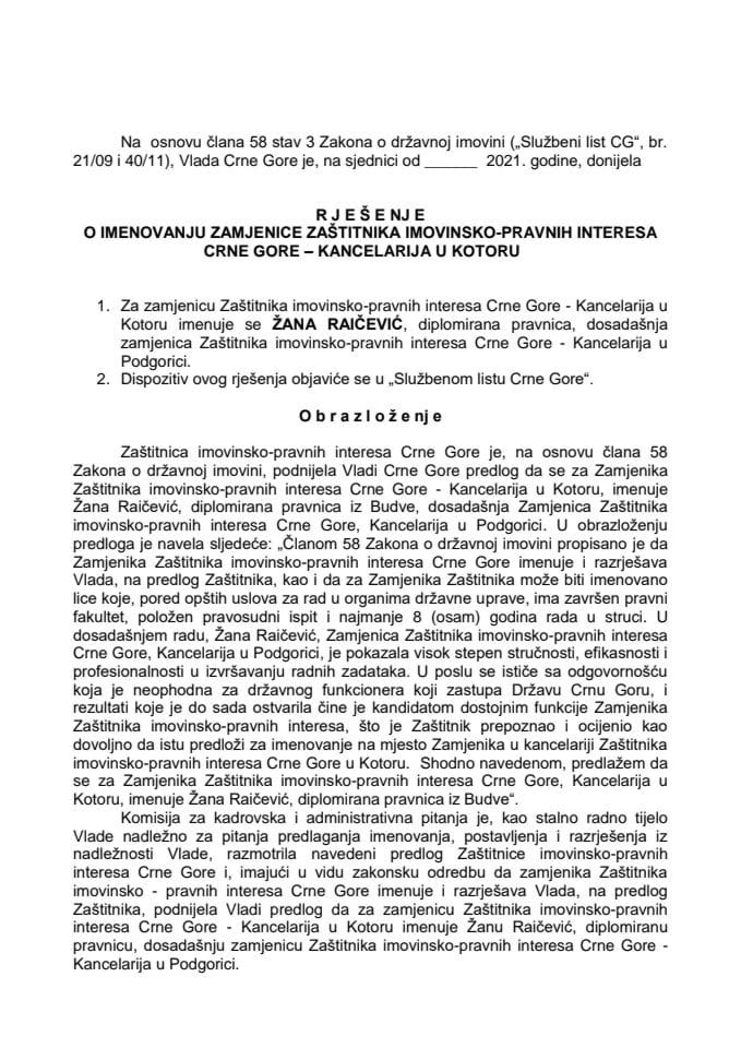 Predlog za imenovanje zamjenice Zaštitnika imovinsko-pravnih interesa Crne Gore - Kancelarija u Kotoru