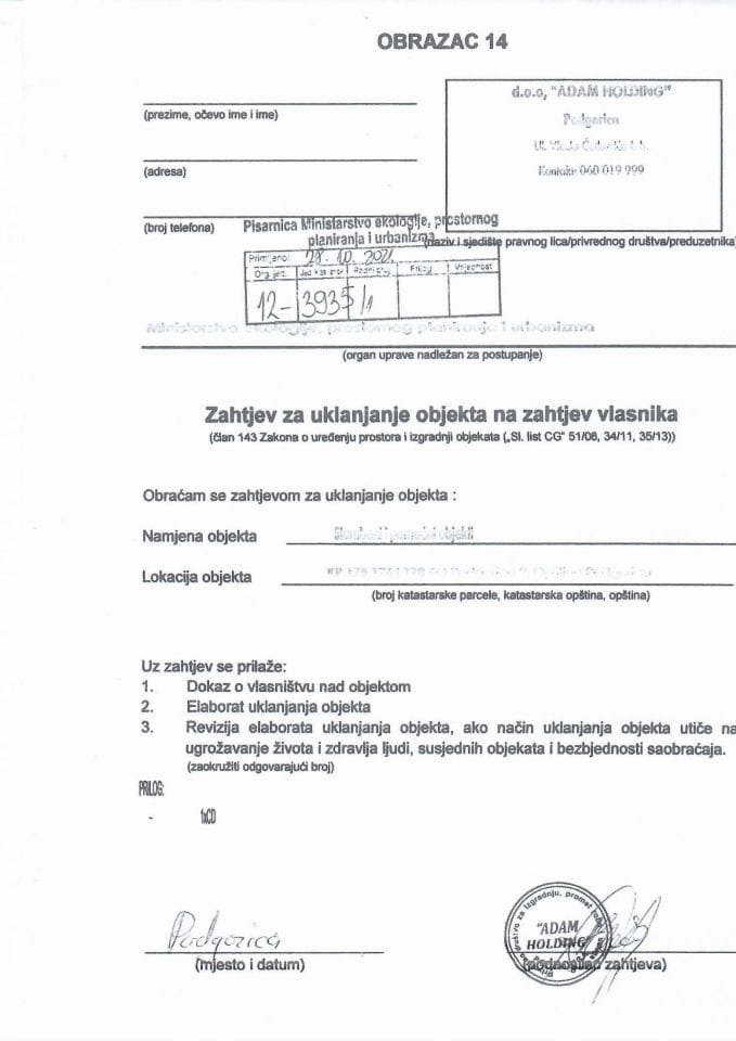 Zahtjevi za uklanjanje objekta na zahtjev vlasnika - 12-3935-1 DOO ADAM ...