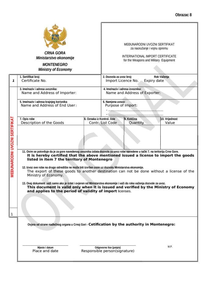 Medjunarodni uvozni sertifikat za naoružanje i vojnu opremu