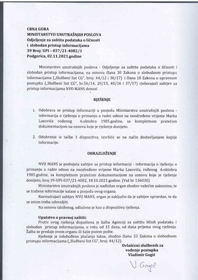 rješenje br. 39 UPI 037-21-4082-3