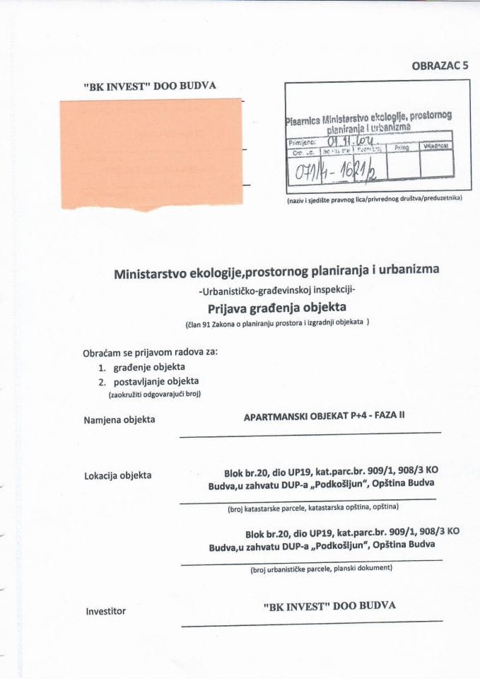 Prijava građenja objekta - 071-4-1621-2 BK INVEST DOO BUDVA