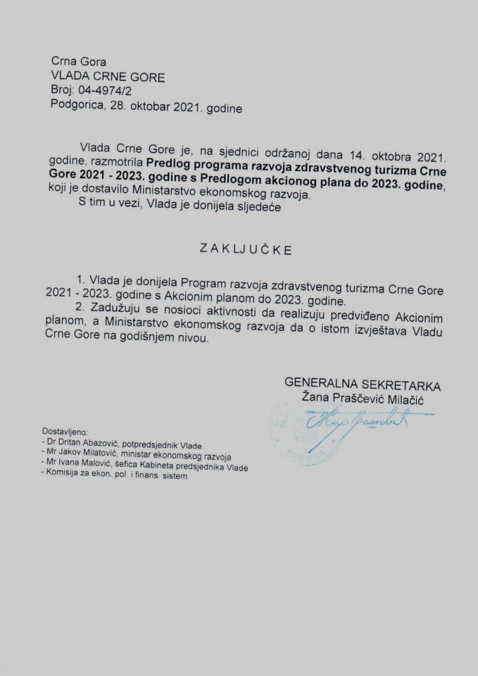 Предлог програма развоја здравственог туризма Црне Горе 2021-2023. године с Предлогом акционог плана до 2023. године - закључци