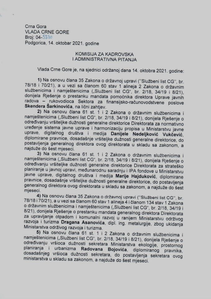 Kadrovska pitanja sa 43. sjednice Vlade Crne Gore - zaključci
