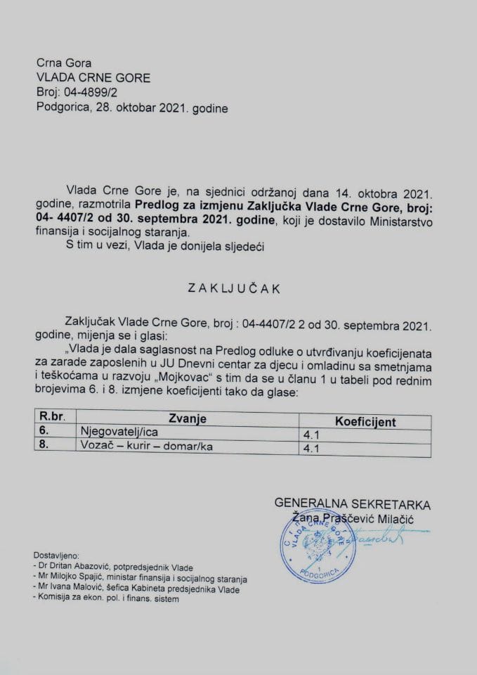 Предлог за измјену Закључка Владе Црне Горе, број: 04-4407/2, од 30. септембра 2021. године, са сједнице од 23. септембра 2021. године (без расправе) - закључци