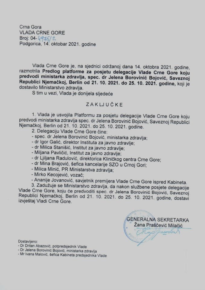 Predlog plaforme za posjetu delegacije Vlade Crne Gore koju predvodi ministarka zdravlja spec. dr Jelena Borovinić Bojović Saveznoj Republici Njemačkoj, Berlin, od 21.10.2021. do 25.10.2021. godine - zaključci